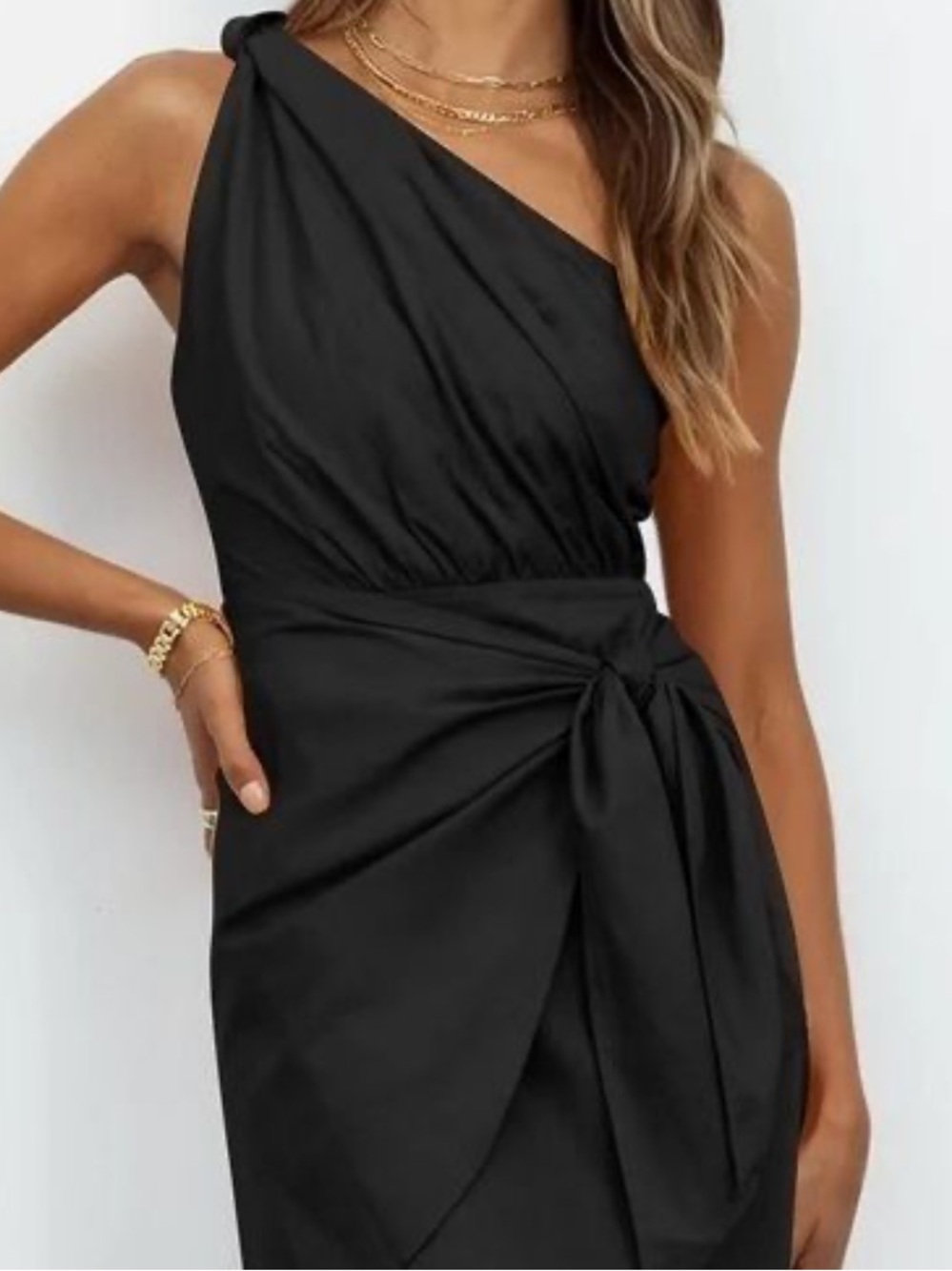 Lillusory Black One Shoulder Faux Wrap Dress Size L Drape Side Tie Waist Roman